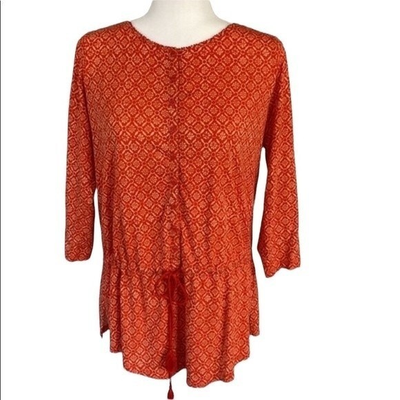 LAUREN Ralph Lauren Geometrical Print Tunic Top 3/4 Sleeve Drawstring Tassel - Picture 2 of 14